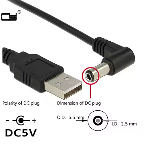 USB to 5.5 mm/2.5 mm 5 Volt DC Barrel Jack Power charge Cable 1m 3ft Elbow 90 Right Angle Design DC 