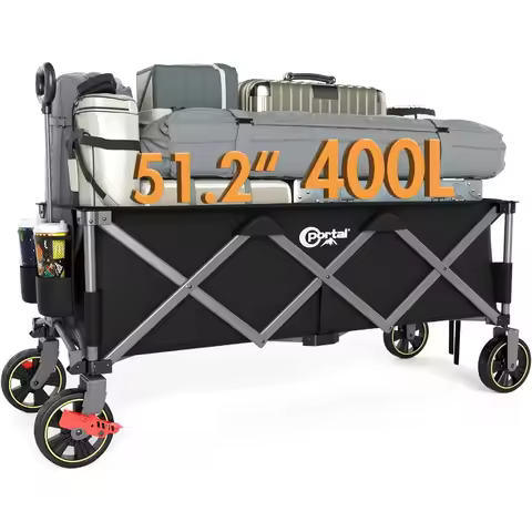 51.2 Long Wagons Carts Foldable with Brakes Large Foldable Wagon with Cargo Net Side Pocket Cup Hold