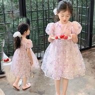 Dress for 2 Years Old Girl Fashion Flower Printed Mesh Fluffy Dresses Ootd for Kids Girl 1-8 Years Old Birthday Princess Dress Girls Sweet Puff Sleeve Dresses