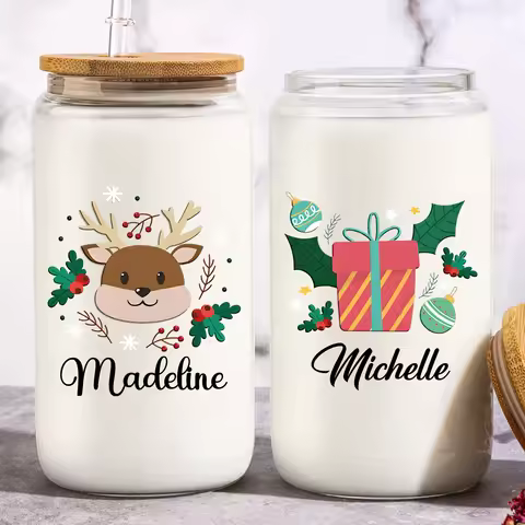 Personalized Christmas Glass Cup Custom Name 16oz 20oz Frosted Clear Tumbler Bamboo Lid Straw Xmas G