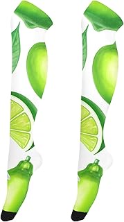 over the Knee Stockings Thigh Highs Stockings Women Green Lemon Limes Floral White Tights Floral Fem