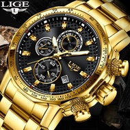 LIGE Men Watch Big Sport Watch Luxury Men Steel Quartz Wrist Watch Chronograph Gold