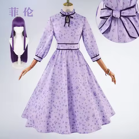 Fern Cosplay Costume Anime【XS-3XL】Women Purple Floral Print Dress Witch Fern Cosplay Costume Plus Si