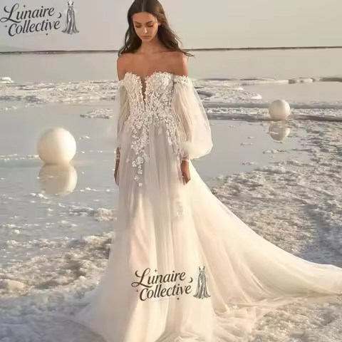 Opulentia Customized Romantic Boho Tulle Beach Wedding Dress Lace Applique Off Shoulder Bridal Gown 