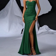 Glamorous Sexy Strapless Dress With Boning, Fitted Mermaid Slit Hem Maxi Evening Dress, Elegant Form