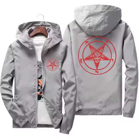 Mens Pentagram Men Church of Satan Baphomet Knights Templar Pentagram Thin Hooded Windbreaker t shir