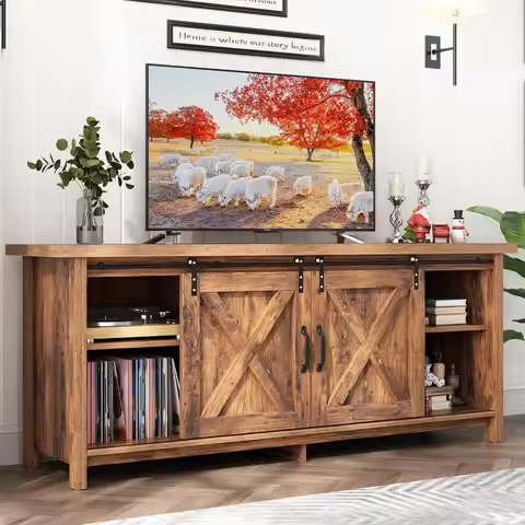 Farmhouse TV Stand for 50 55 60 65inch TV w/Adjustable Storage Shelves,Sliding Barn Door.Rustic Wood
