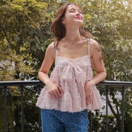 LUCA STUDIO_Vanika top -เสื้อผ้าชีฟองตกแต่งโบว์ 3 มิติ สีชมพูออ่อน ดีไซน์เย็บรูดระบายทรง A-Line พร้อ