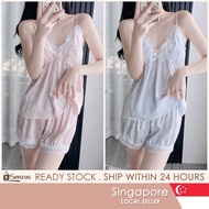 [SG SELLER] Summer French Style Sleepwear With Chest Pad Women's Strap Shorts Ice Silk Luxury Pajama