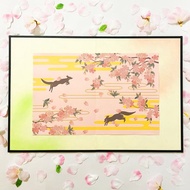 櫻花暴風雪和狐狸春天裝飾折疊屏風 Shikishi 櫻花雲松梅日式春天插圖 Kitsune no 梅狐狸臉