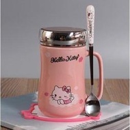 【上品居家生活】粉紅雲朵 Hello Kitty 凱蒂貓 創意鏡面蓋 卡通風格陶瓷杯帶小湯匙/小勺子 (420ml)