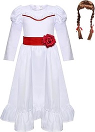 Horror Movie Annabelle Costume Adult Kids Anna Cosplay White Dress with Waistband Annabelle Wig Hall