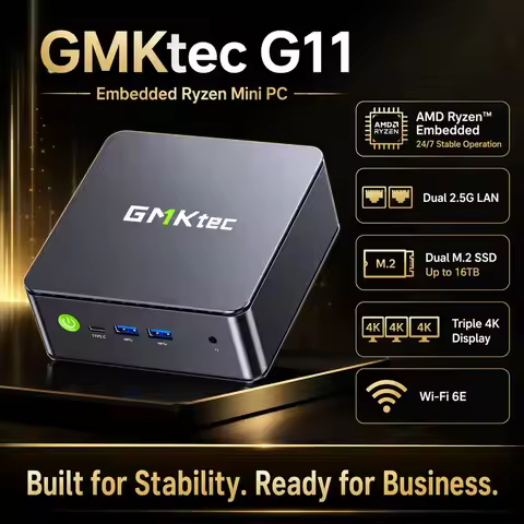 GMKtec G11 Mini PC AMD Ryzen Embedded R2514 Dual 2.5G LAN WiFi 6E Dual HDMI Type-C 4K DDR4 M.2 SSD W