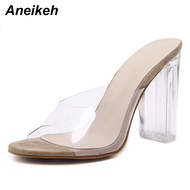 Aneikeh NEW 2022 Summer Women Sandals Size 41 42 Transparent PVC High Heels Shoes Ankle Strap Gladia