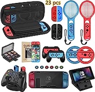 Welwel Accessories Bundle Compatible with Nintendo Switch, Accessories Kit with Carrying Case, 5 Angles Bracket, Charging Dock, 24 Games Case , Tennis Racket, Wheel, Grip, Screen Protector &amp; More