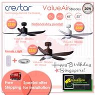 (PROMOTION BASIC INSTALLATION) Crestar ValueAir 5Blades (55 inch) Dc Ceiling Fan | Tri color LED light with remote control Singapore Warranty