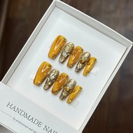 Handmade False Nails, Gold Holographic Cat Eye Effect, Short Coffin Shape Nail Tipspress On Acrylic 