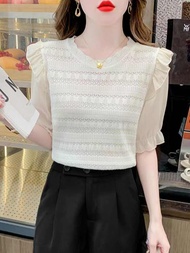Ice silk knit short sleeve T-shirt womens summer 2025 new fashion temperament small top chiffon shir