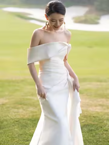 Light Satin One-oulder Wedding Dr for Bridal Photooot eeting Guests White Simple Evening Gown Svel F