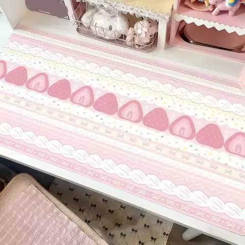 Pink Strawberry Cake Slice Cartoon XXL Mouse Pad | Japanese Vintage Kawaii Gaming Study Desk Mat for