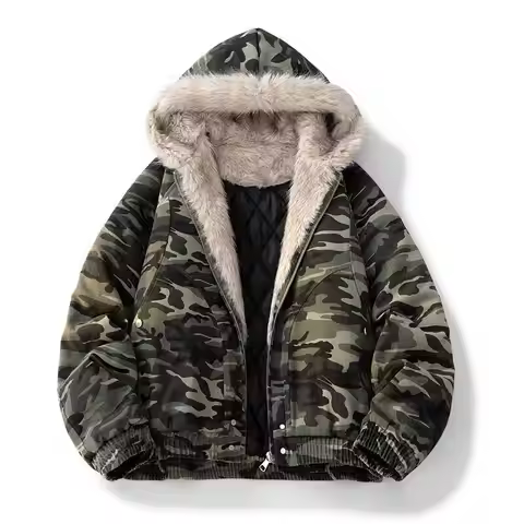 Men's Retro Camouflage Fleece-Lined Faux Fur Collar Jacket Autumn & Winter Loose Fit Sports Hooded P