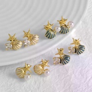 Enamel White Blue Shell Earrings for Women Gold Plated Starfish Ear Studs Beach Jewelry ersz67