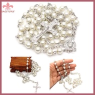 BST Catholic Necklace Crystal White-Pearl Long Chain White Rosary Catholic Necklace