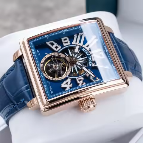 Reef Tiger Men Automatic Watch 39mm Square Mechanical Wristwatch Luminous Skeleton Star Dial Sapphir