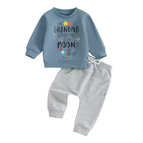 Toddler Boy Fall Outfits Letter Rocket Print Long Sleeve Round Neck Sweatshirt with Solid Pants Set