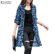 ZANZEA Women Sheer Mesh Long Sleeve Leopard Printed Casual Cardigan Blouse