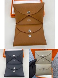 Hermes calvi duo card holder 金棕/黑銀/大象灰 full set with receipt