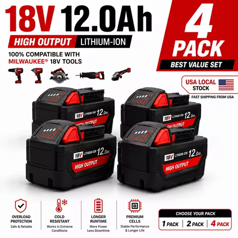 12.0Ah Replacement Battery Compatible with Milwaukee M18 18V, 1/2/4-Pack Li-ion Battery Pack for 48-