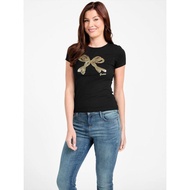 TOPWomen's Street Style Crew Neck Short Sleeve Top Iconic Gold Bow Print 100% Premium Cotton Casual 