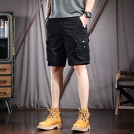 Summer American Retro Overalls Shorts Men's Street Wear Ami Khaki Elastic Waist Middle Pants Washed 