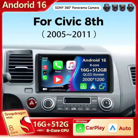 Android 16 Car Radio For Honda Civic 8th 2005-2011 CarPlay Android Auto Qualcomm Car Stereo Multimed