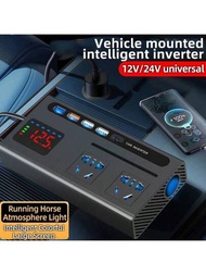 200w汽車變頻器：12v Dc轉110v,24v Dc轉220v電源轉換器,具有led顯示屏和4個usb插口,快速充電