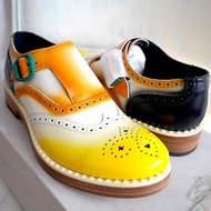 39.5號鞋JIMMY CHOO鮮黃色拼接彩色真皮牛皮革紳仕男裝翼紋雕花鞋