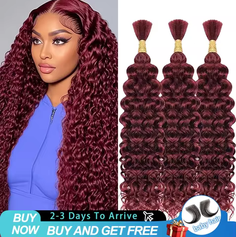 24 Inch 99J Deep Wave Boho Braids Human Hair 3 4 Bundles Bulk Curly Hair Braiding 100% Real Brazilia