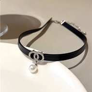 Jewel Pearl CD Logo Black Leather Choker Shiny Glitter Adjustable Necklace