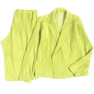 成色極佳 ▼HOMME PLISSE(ISSEY MIYAKE)褶襉男裝 HP03JD240 HP03JF241 格紋褶襉夾克和闊腿褲套裝，黃/綠，1 碼，正品，男士