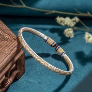 正品纯银S9999纯银锦纹颂手镯国风大气感描金工艺足银开口手镯Genuine sterling silver S9999 sterling silver brocade pattern hand202