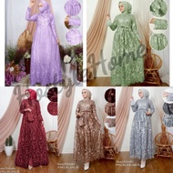 (NEW) LESTYA - BAJU DRESS GAMIS FULL BRUKAT BROKAT BUSUI FREE MASKER TALI OBI WANITA MUSLIM UKURAN S