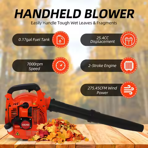 Gas Powered Leaf Blower 2 Stroke Engine 25.4CC 275.45CFM Air Volume 0.65L Oil Tank Handheld Blower P