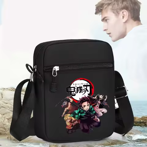 Demon Slayer Shoulder Bag for Men Anime Kamado Tanjirou Crossbody Bags Boy Kawaii Canvas Square Mess