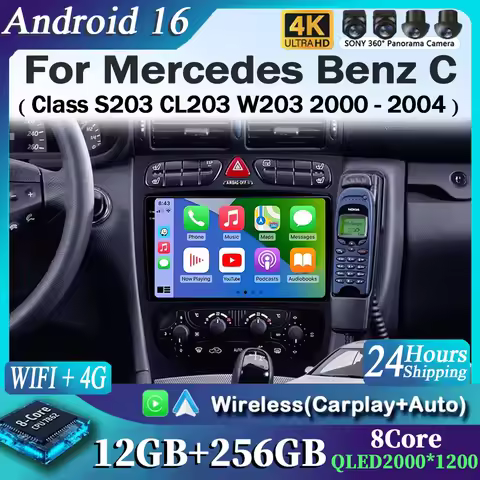 For Mercedes Benz C Class S203 CL203 W203 2000 - 2004 2K 12+256 QLED Android 16 CarPlay Car Radio Mu