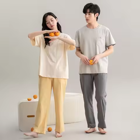 Couple Pajamas Summer Cotton Short Sleeve Trousers Sleepwear men's women's 2024 new simple loungewea