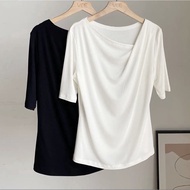 [SG Stock] Woman Elegant T-Shirt 新款天丝刀领7分袖女人味T恤