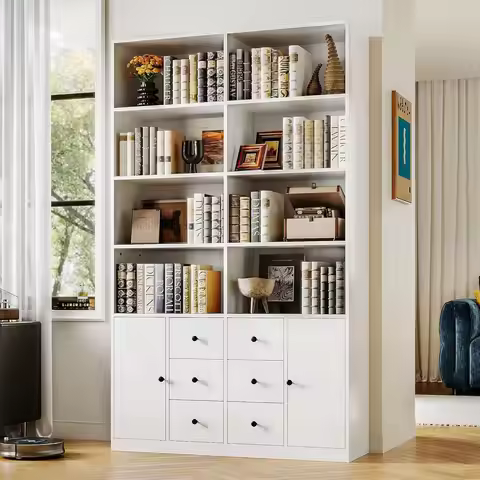78.7" Bookcase with 6 Drawers, 6 Tier Large Bookshelf with 2 Doors, Large Bookcase with Adjustable S