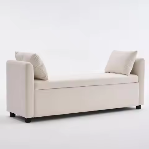 55" Upholstered Storage Bench with Arms & 2 Pillows End Bed King Living Entryway Ivory Customized