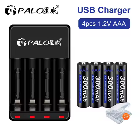 PALO 1.2v AAA 300mah Rechargeable Battery + LED Smart Charger for 1.2v Nimh Nicd AA AAA Rechargeable